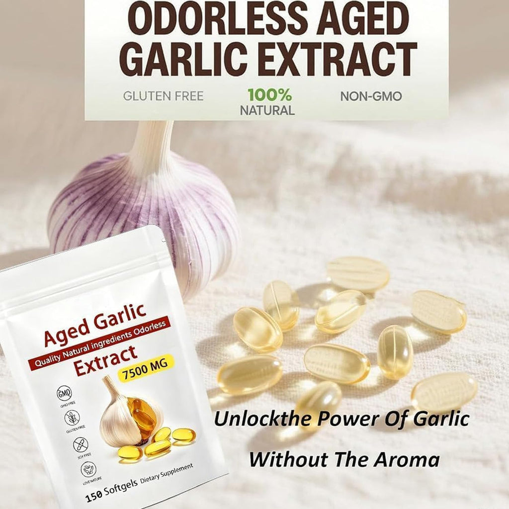 Aged Garlic Extract - 7500mg Odorless, Organic Garlic Extract Capsules, All-Natural, Non-GMO, 150 Softgels(1 PCS)