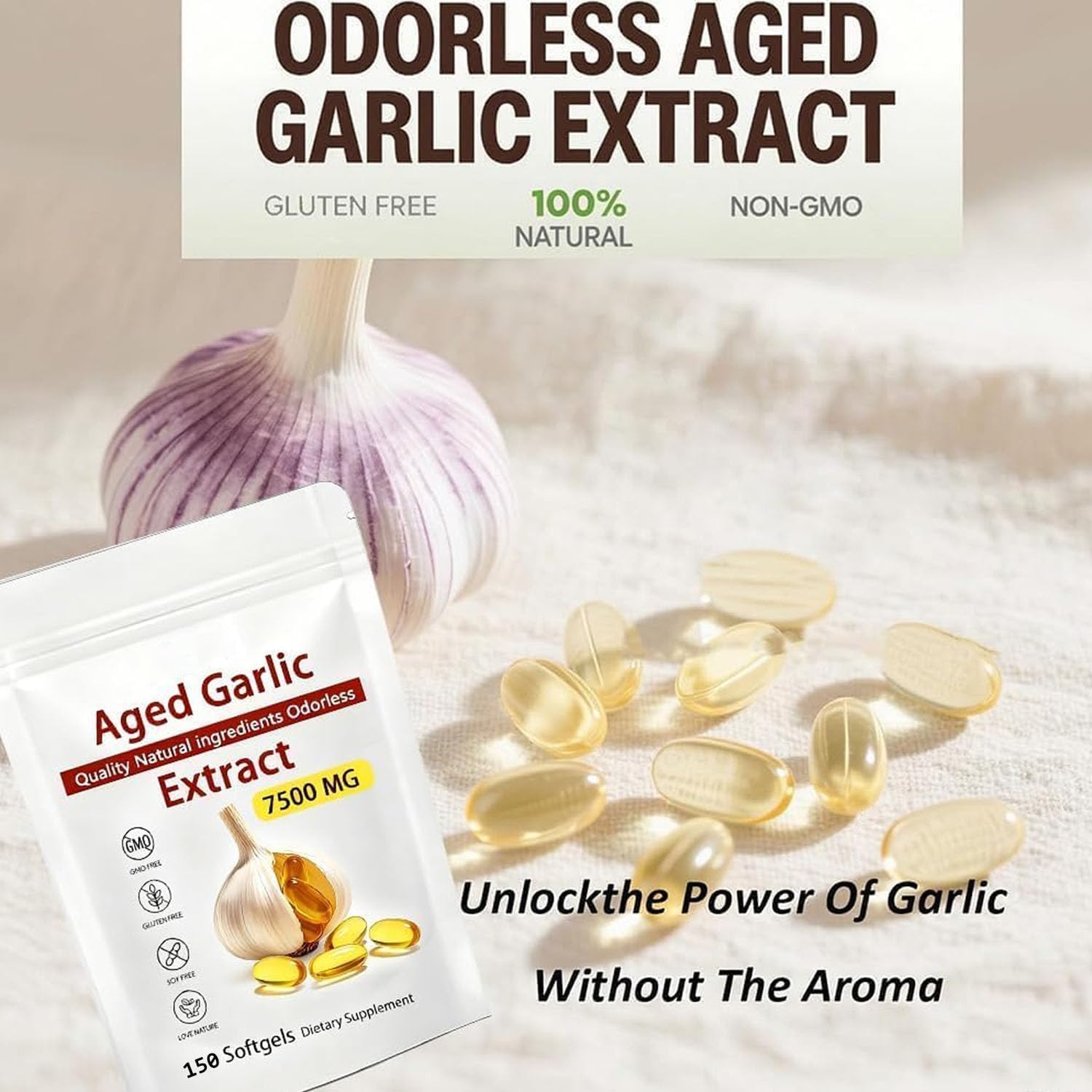 Aged Garlic Extract - 7500mg Odorless, Organic Garlic Extract Capsules, All-Natural, Non-GMO, 150 Softgels(1 PCS)