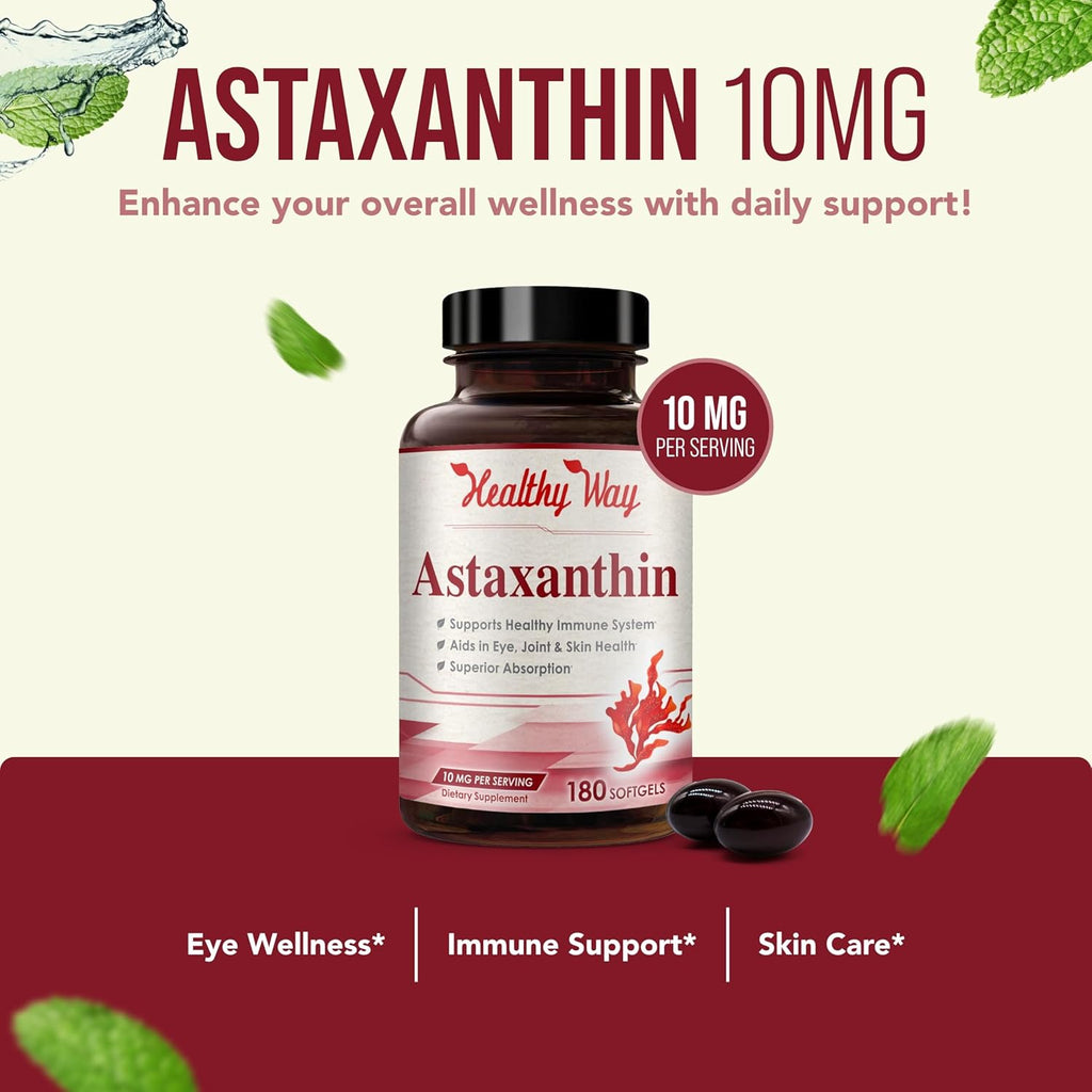 Easy Absorption Astaxanthin Supplement - 10mg Astaxanthin from Haematococcus Pluvialis Fresh Microalgae for Skin and Eye Health Support - Rich in Antioxidants and Carotenoids (180 Servings)