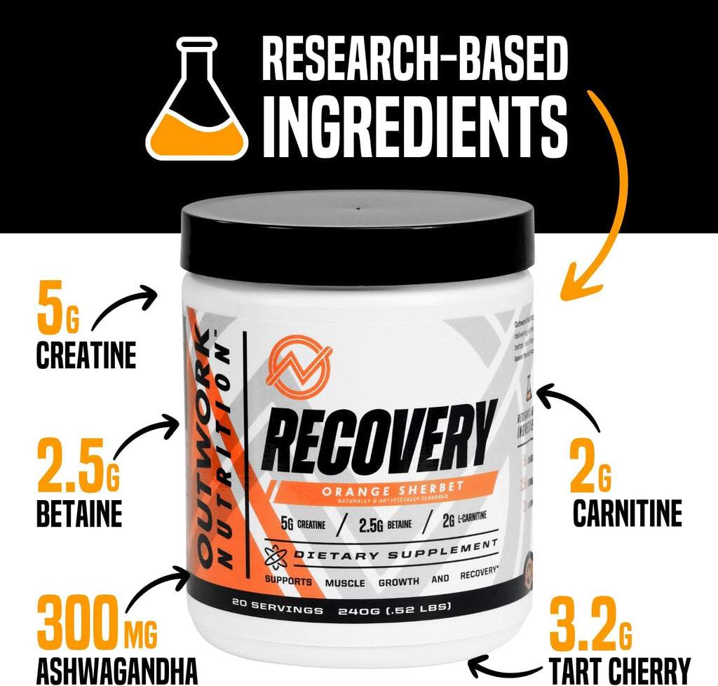 Outwork Nutrition Post Workout Recovery Powder - Creatine Monohydrate, KSM-66 Ashwagandha & Tart Cherry - Speeds Recovery, Eases Soreness - Creatine Powder for Men & Women, Orange Sherbet, 230 Gr