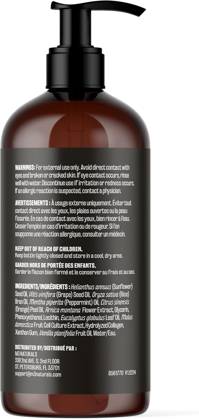 M3 Arnica Sore Muscle Massage Oil with Collagen, Stem Cells, and Menthol, Anti-Cellulite Therapy for Full Body, Fast-Absorbing Multipurpose Treatment