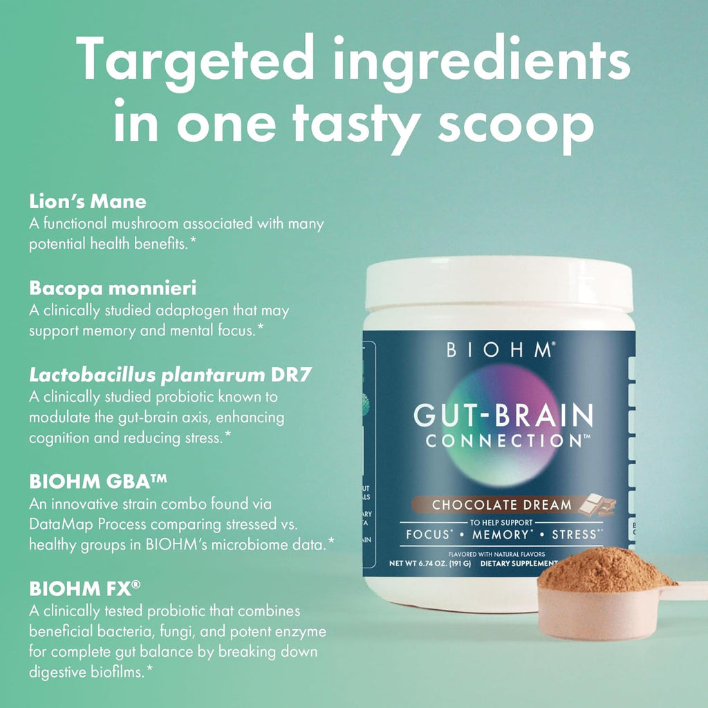 BIOHM Gut-Brain Connection Memory & Focus Supplement (6.74 Oz, 30 Servings) Supports Gut Health & Cognitive Well-Being, Helps Enhance Mood, Probiotics, Lion's Mane & Bacopa Monneiri, Chocolate Flavor