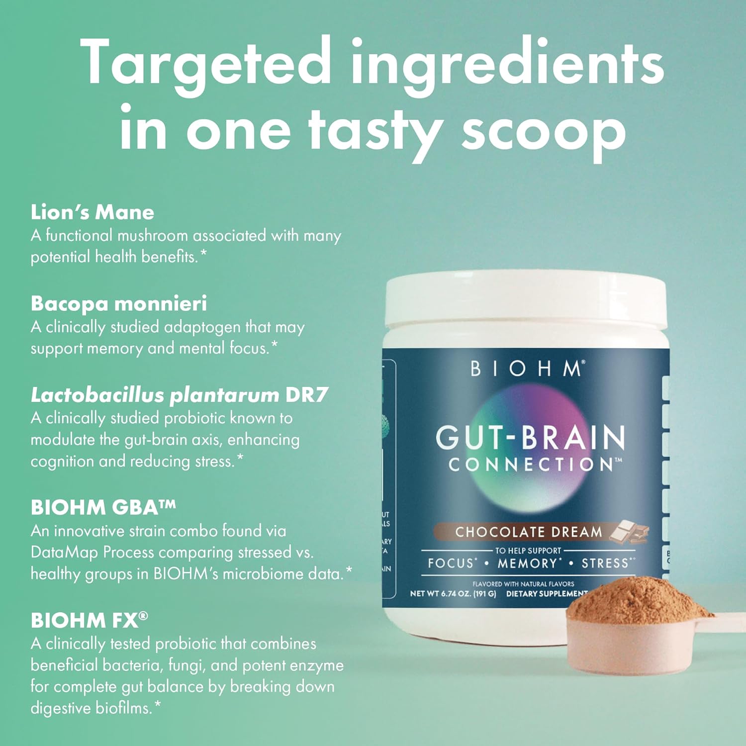BIOHM Gut-Brain Connection Memory & Focus Supplement (6.74 Oz, 30 Servings) Supports Gut Health & Cognitive Well-Being, Helps Enhance Mood, Probiotics, Lion's Mane & Bacopa Monneiri, Chocolate Flavor