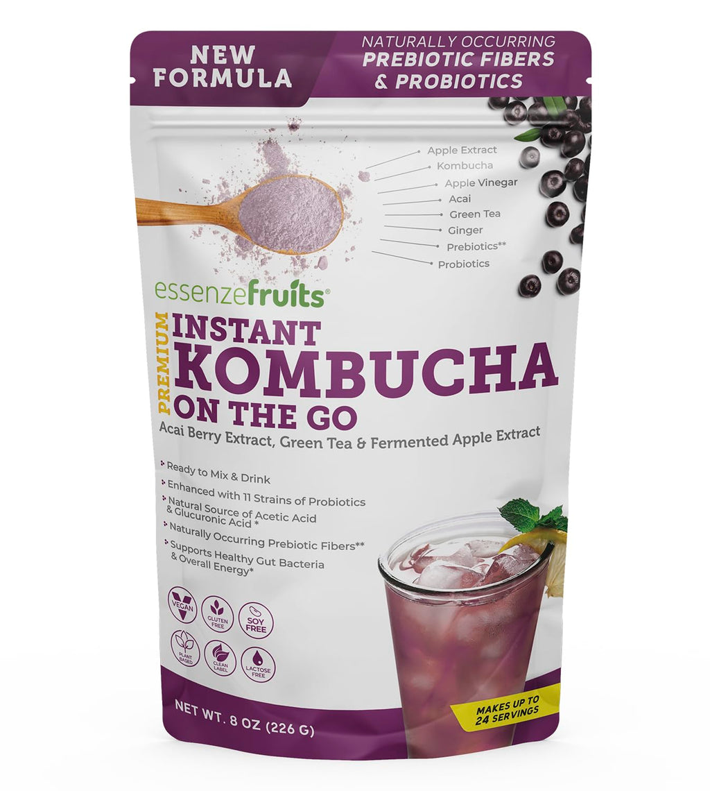 Essenzefruits Acai Kombucha Powder Tea Mix Beverage – Sugar Free, Fermented & Dried - Just Add Water! Probiotics & Prebiotics, Vitamin C - Makes up to 30 Cups (8 Oz, 226g)