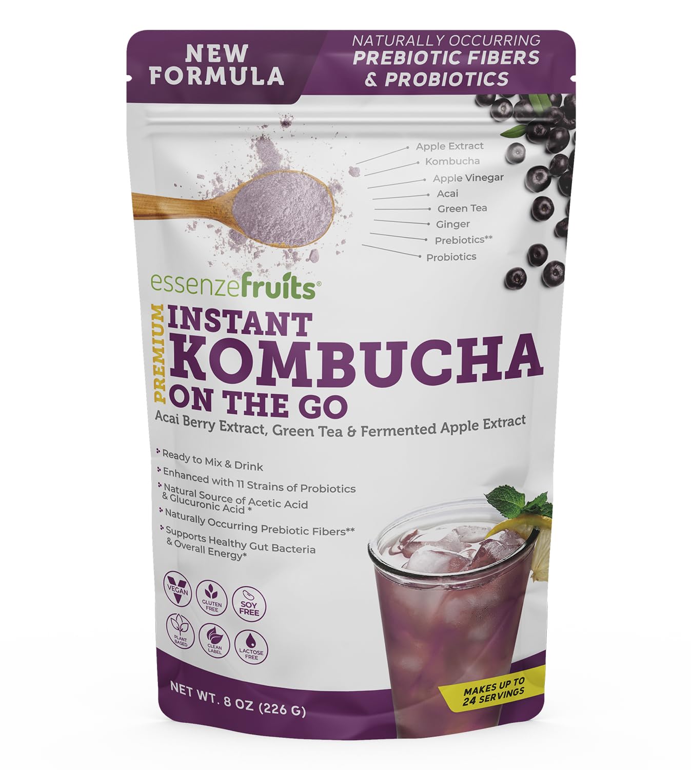 Essenzefruits Acai Kombucha Powder Tea Mix Beverage – Sugar Free, Fermented & Dried - Just Add Water! Probiotics & Prebiotics, Vitamin C - Makes up to 30 Cups (8 Oz, 226g)