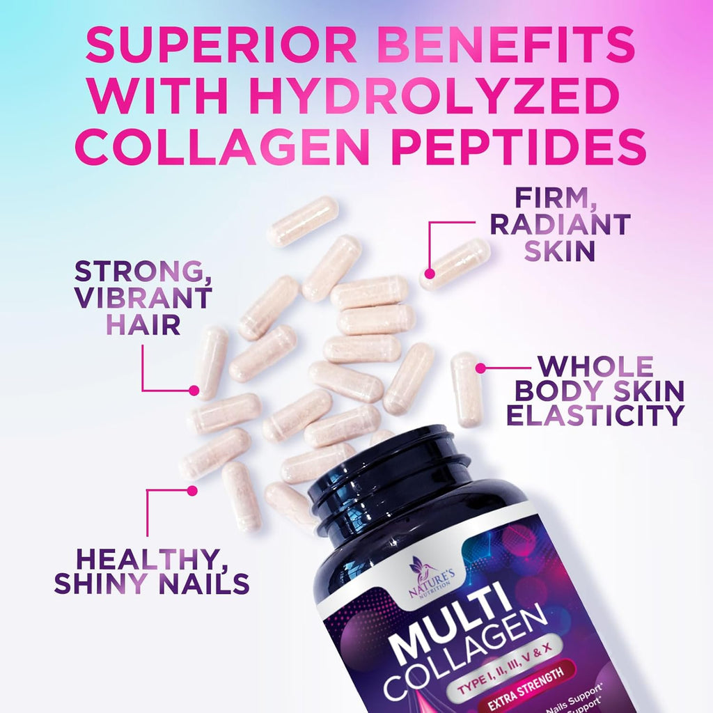 Multi Collagen Supplement 2400 mg - Types I, II, III, V & X Multi Collagen Peptides Pills for Women & Men, Hydrolyzed Collagen Supplements, Hair, Skin, Nail, & Joint Support Supplement - 60 Capsules