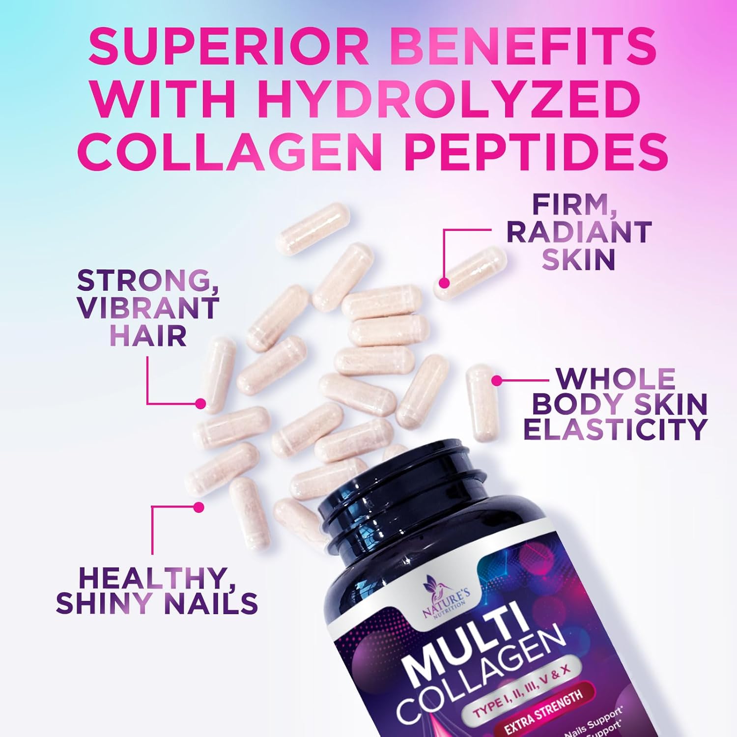 Multi Collagen Supplement 2400 mg - Types I, II, III, V & X Multi Collagen Peptides Pills for Women & Men, Hydrolyzed Collagen Supplements, Hair, Skin, Nail, & Joint Support Supplement - 60 Capsules