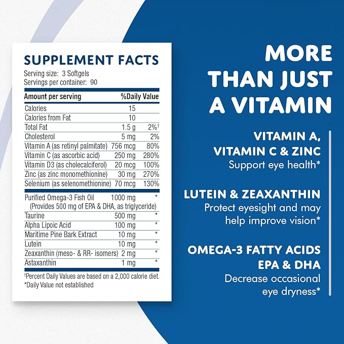 OS2 Ocular Support Solution - Patented Eye Vitamins for Macular Health, Dry Eye and Blue Light - Lutein, Zeaxanthin, Omega 3, Astaxanthin and AREDS2 Supplements, Co-Developed by NASA, 270 ct