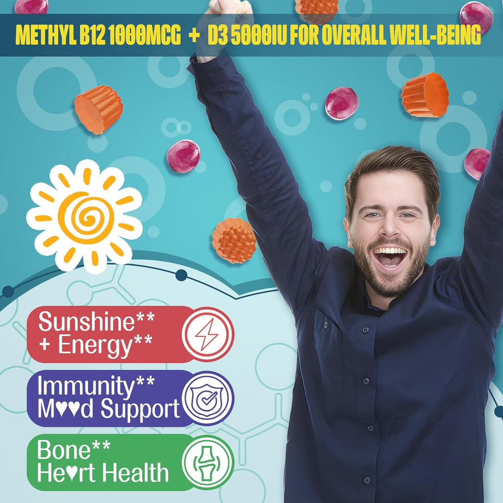 Focus Memory & Energy Gummies, L-Tyrosine + Methyl B12 1000mcg, B6 50mg, D3 C, Lion's Mane Mushroom, for 15+ Students, Office Worker, Multivitamin, Herb Blend for Seniors Brain & Cognition, 1 Pack