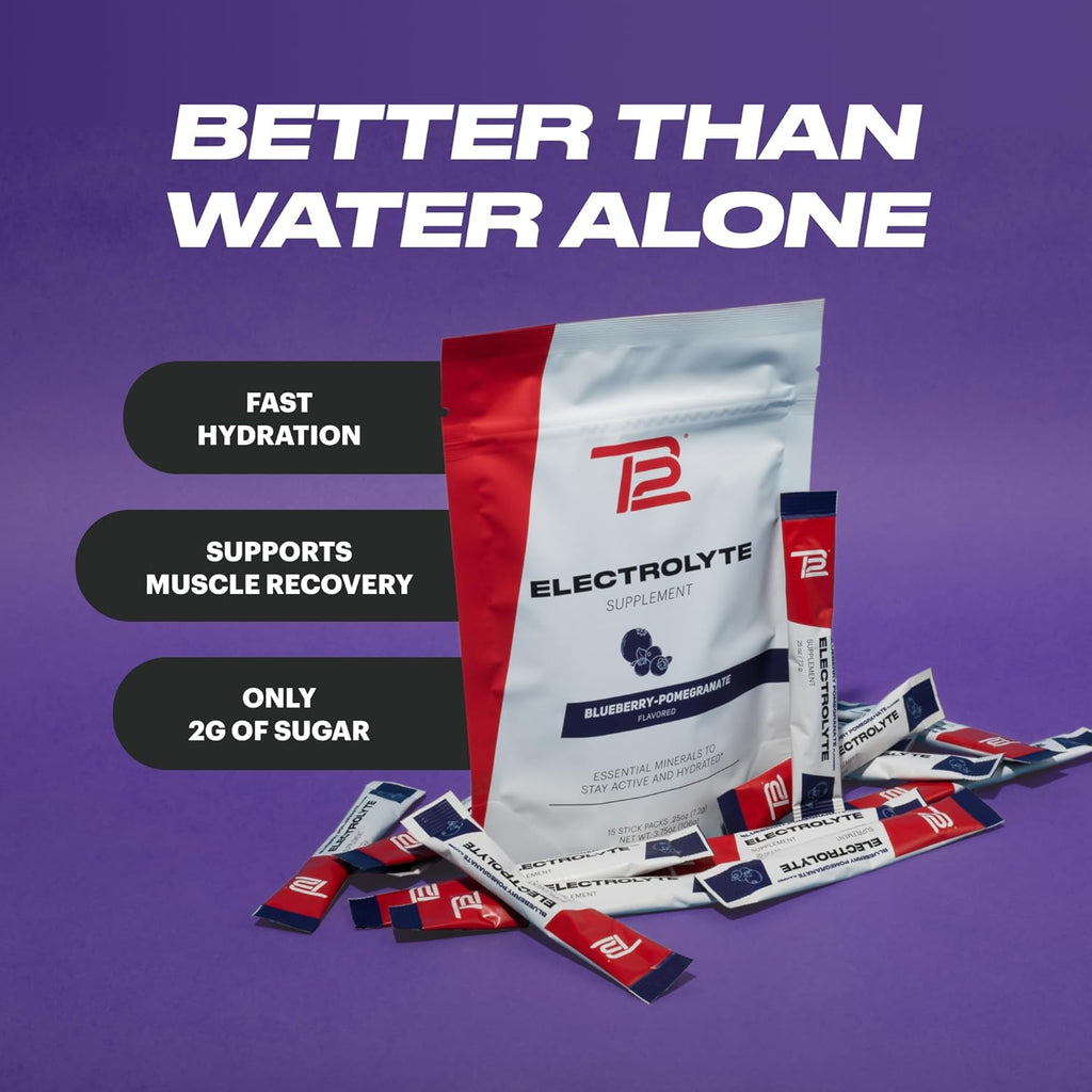 TB12 Electrolytes Powder Packets Blueberry Pomegranate – Mineral-Rich Electrolyte Powder for Fast Hydration by Tom Brady - Natural, Low Sugar, Vegan, Gluten-Free, Easy to Mix - 15 Stickpacks