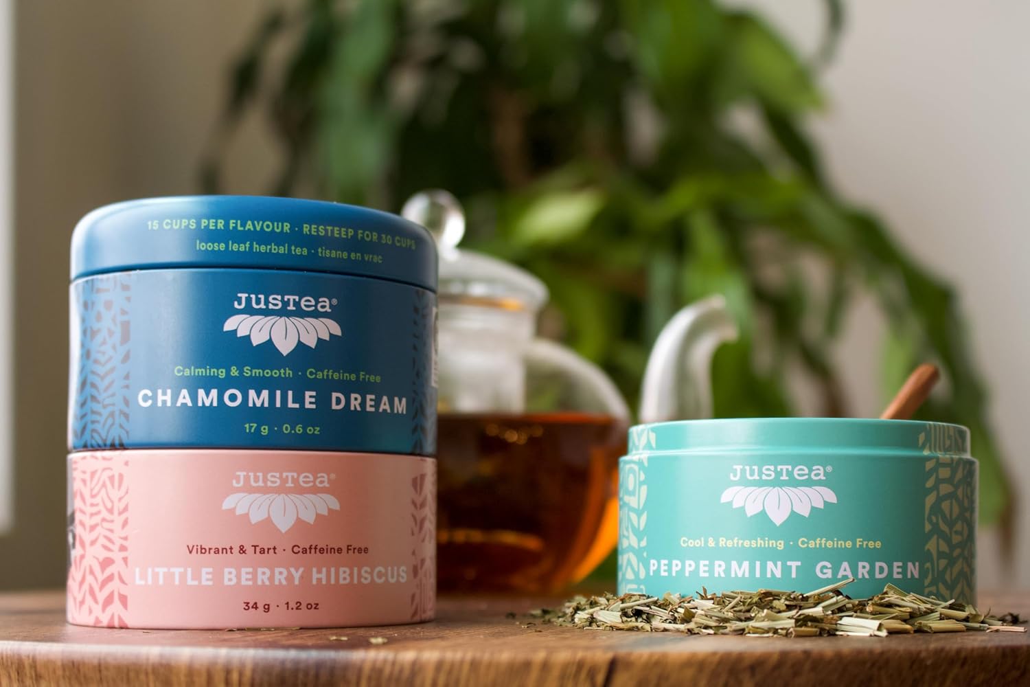 JusTea Herbal Tea Trio | Stacking Tins Variety Pack with Hand Carved Tea Spoon | Loose Leaf | Caffeine Free | Award-Winning | Fair Trade | Non-GMO