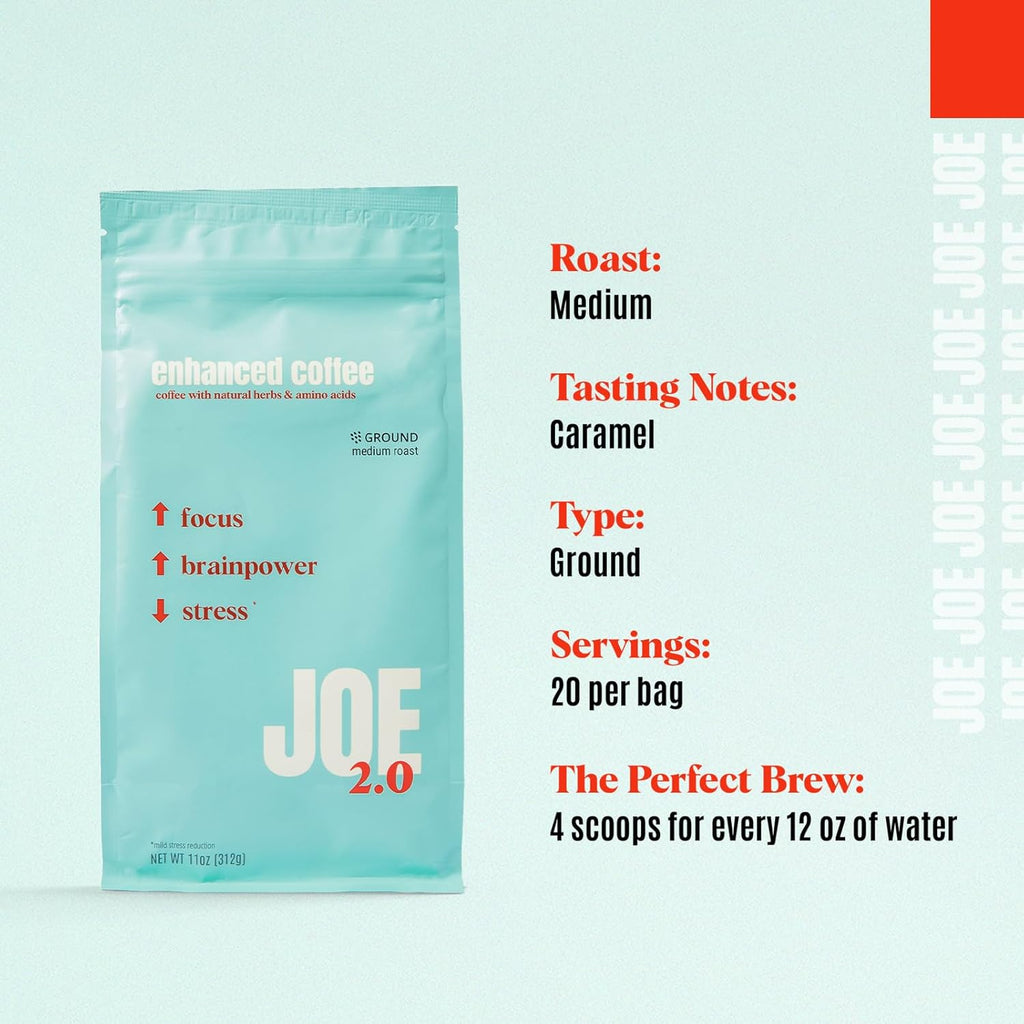 Joe 2.0 - Mushroom Coffee with Lion’s Mane & Ashwagandha – Nootropic Ground Coffee for Focus, Calm Energy & Clarity – Joe 2.0 Medium Roast – 20 Servings (11 oz)