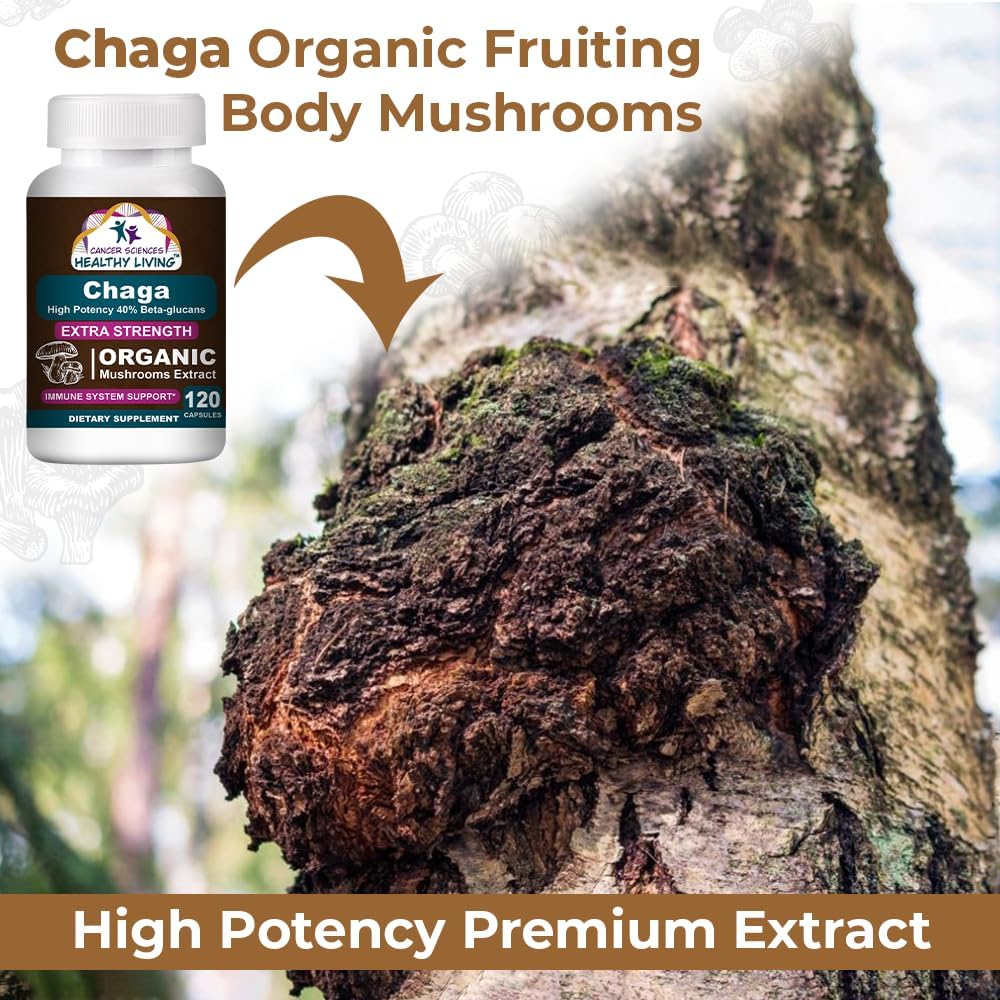 Cancer Sciences Chaga Wellness Mushrooms Supplement, USDA Certified Organic Mushroom Extract, Extra Strength 1,500 mg, High Potency 40% Beta-Glucans, Immune Support, Gut Health, Antioxidant, 120 Caps