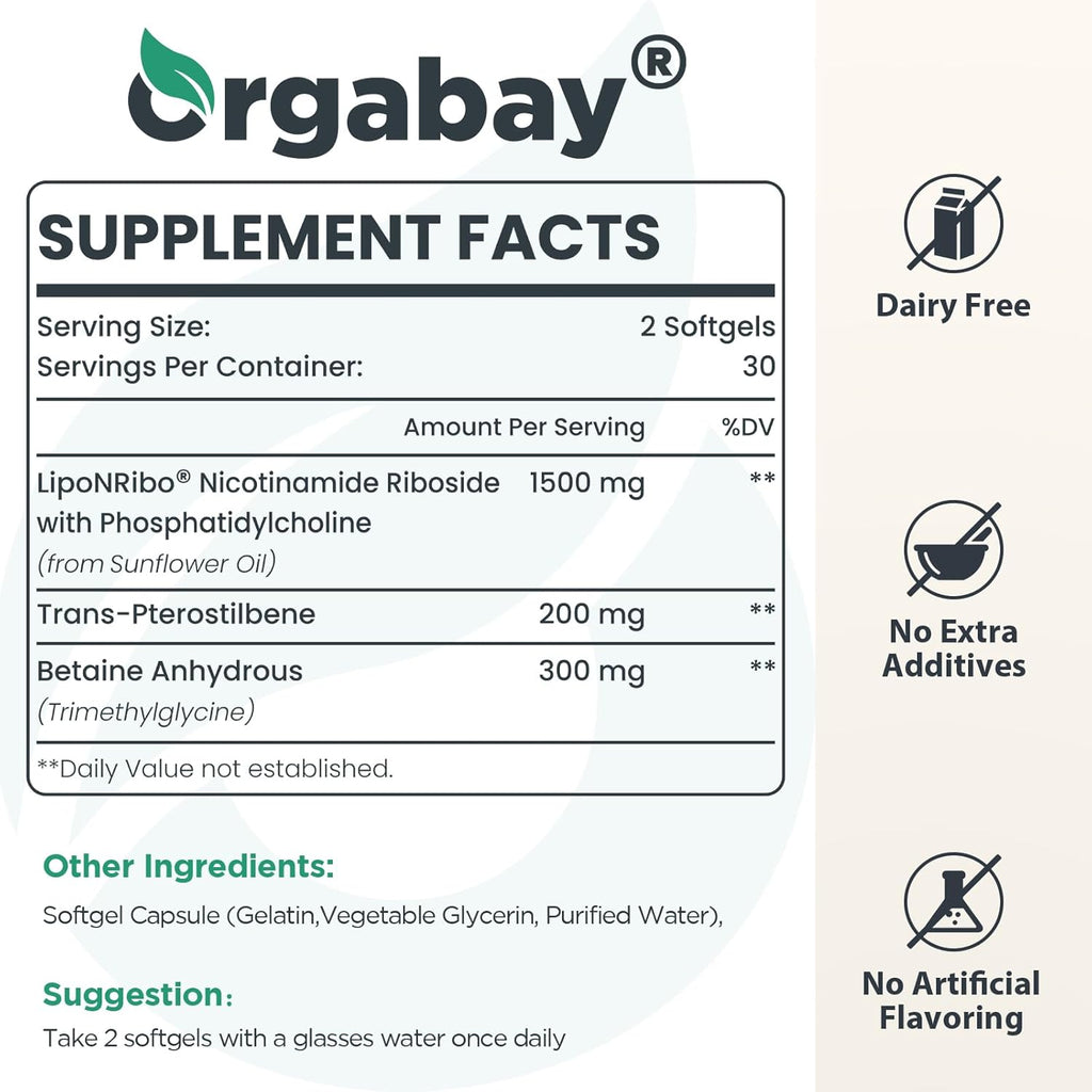 Orgabay Liposomal Nicotinamide Riboside 2000 MG with TMG and Pterostilbene, Boosting NAD+, Support Healthy Aging, 60 Count