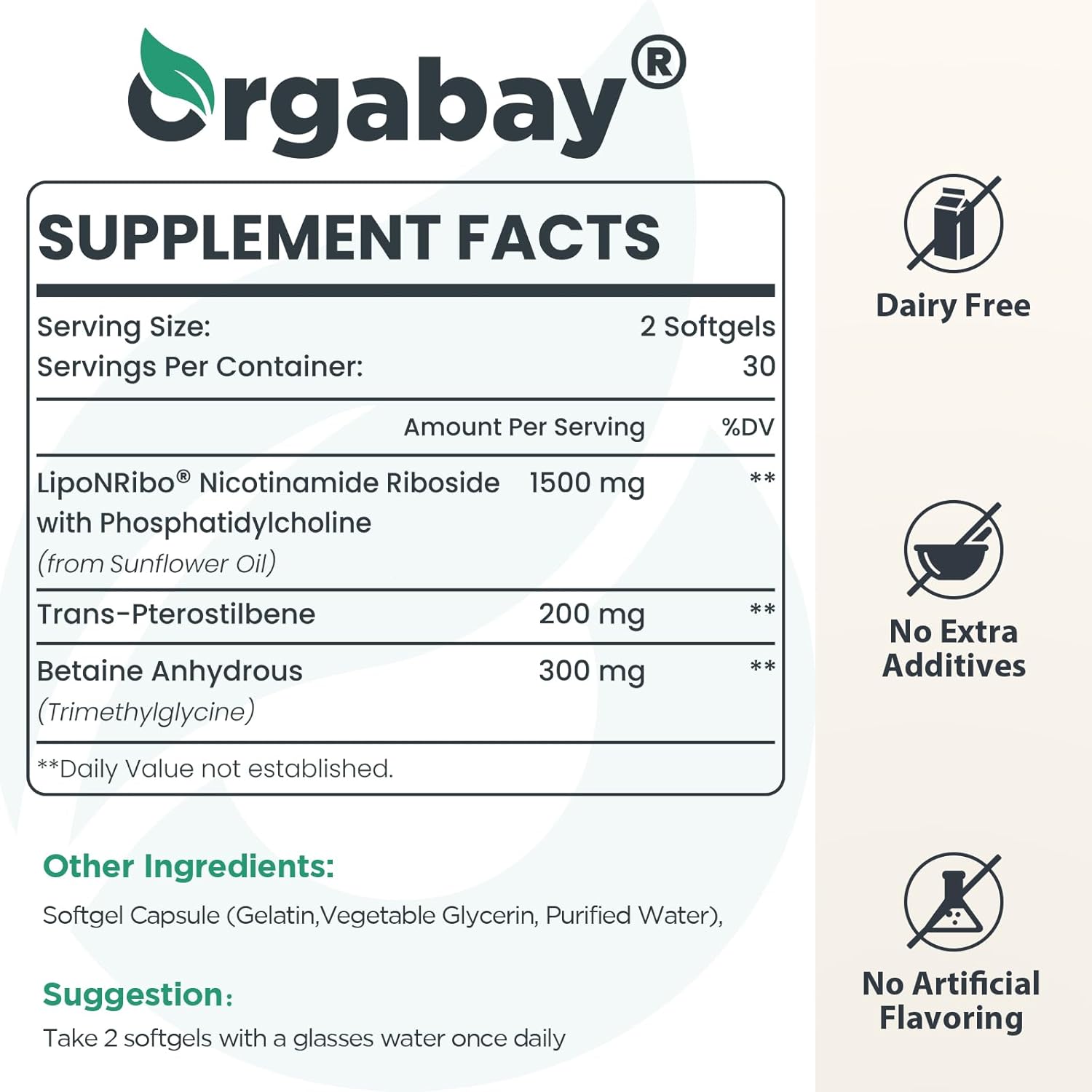 Orgabay Liposomal Nicotinamide Riboside 2000 MG with TMG and Pterostilbene, Boosting NAD+, Support Healthy Aging, 60 Count