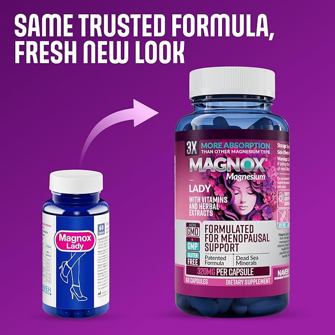 MAGNOX® Lady Magnesium Supplement | Menopause and PMS Support Supplement for Women | Magnesium Complex with Vitamins B6, B1, B12, D, Zinc | High-Absorption Dead Sea Organic Magnesium | 60 Capsules
