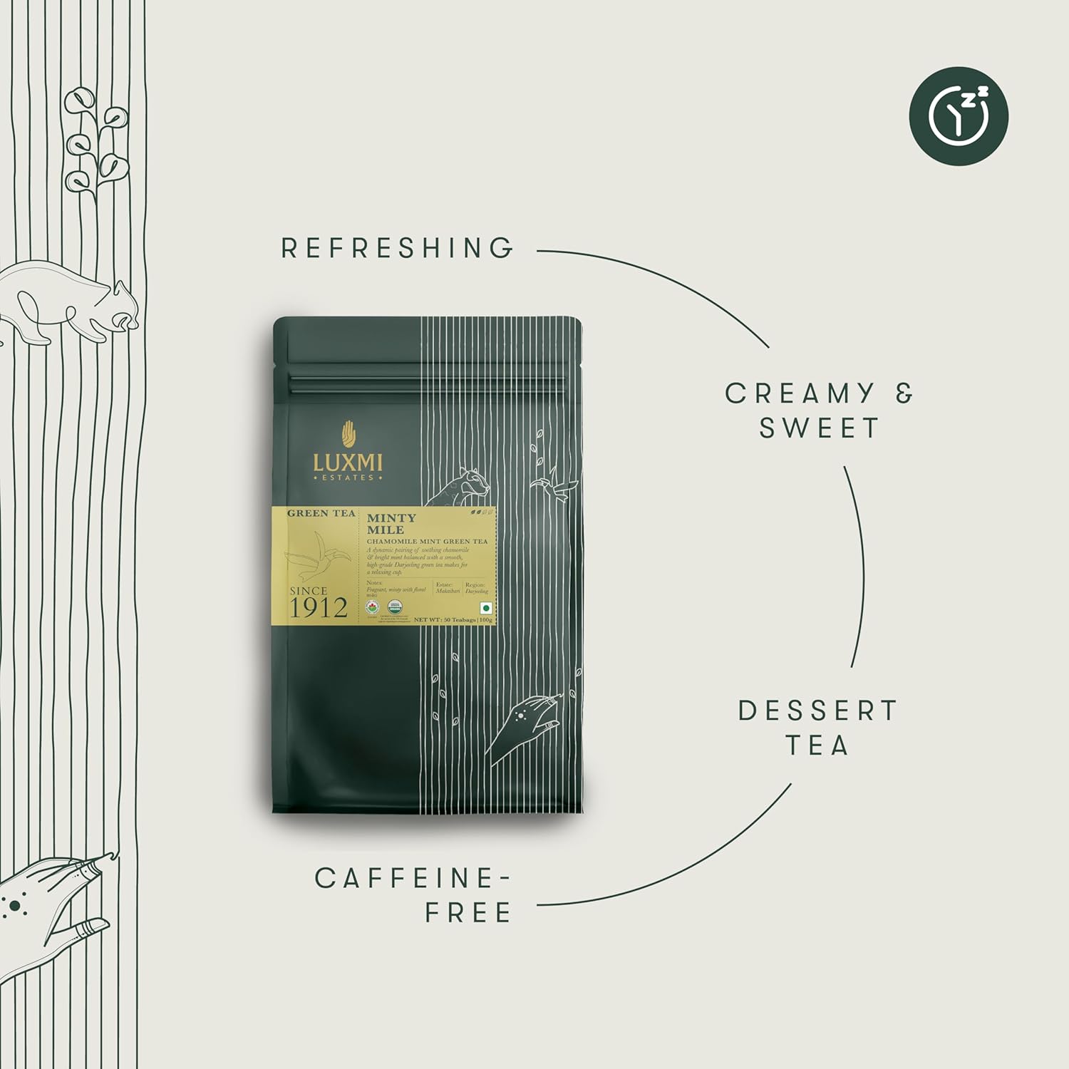 Luxmi Estates Minty Mile Organic Chamomile Mint Green Tea (50 Tea Bags) Low Caffeine Tea Bags For Relaxing, Calming, and Stress Relief, With Certified Organic Darjeeling Makaibari Green Tea