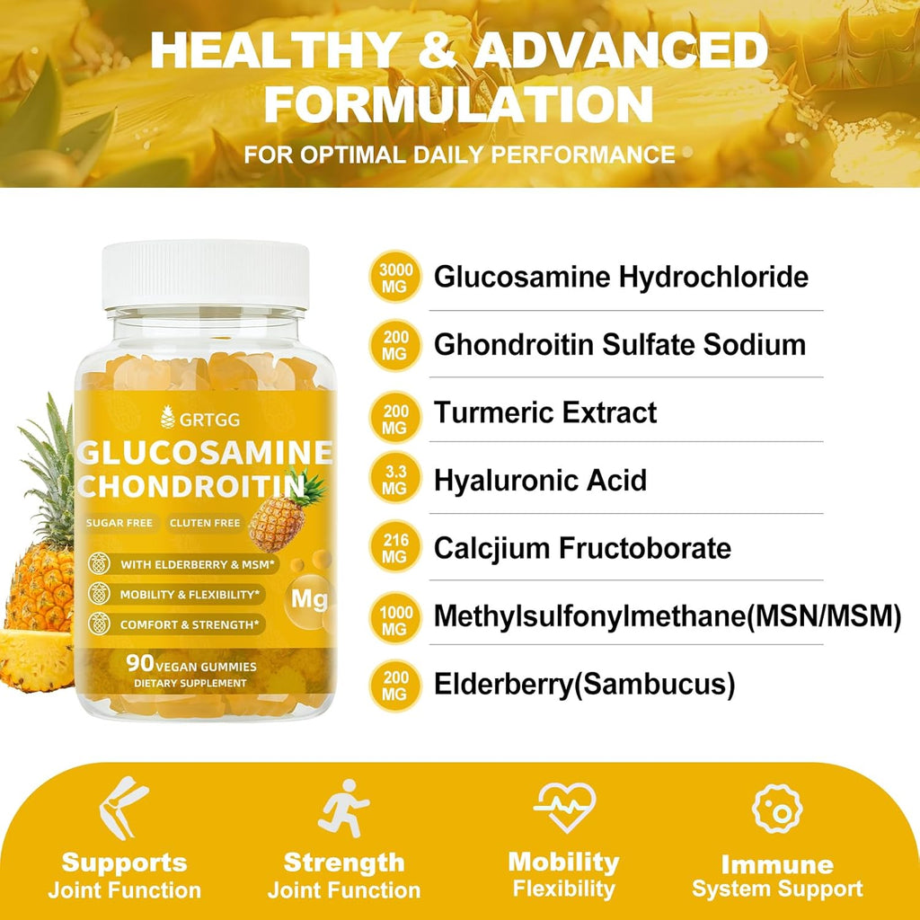 Glucosamine Chondroitin Gummies with MSM & Elderberry Extra Strength 3000MG - Joint Support, Antioxidant Immune Support Supplement for Adults, Men & Women - 90 Pineapple Gummies