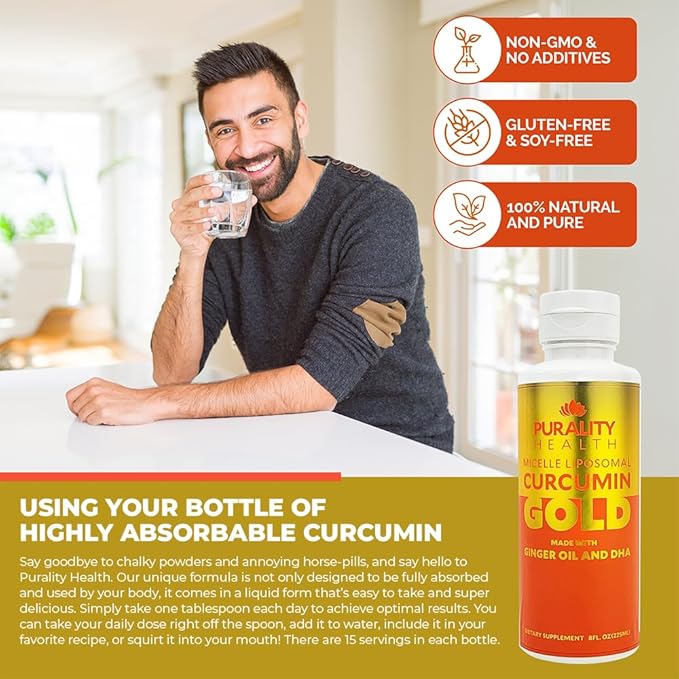 PURALITY HEALTH Curcumin Gold, from Turmeric with Ginger Oil & DHA Omega-3s, Micelle Liposomal Enhanced Absorption, Joint Health, 15 Day Supply