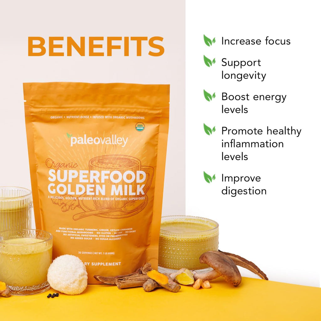 Paleovalley Organic Superfood Golden Milk - Immune, Focus, Cognitive, Longevity - Turmeric, MCT-Rich Coconut Milk, Functional Mushrooms, 28 Servings