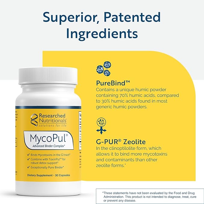 Researched Nutritionals MycoPul - Advanced Mycotoxin Binder Complex, Zeolite Detox, Humic Acid, Fulvic Acid & Activated Charcoal for GI Tract Detox, Clinically Researched Mold Binders, 30 Capsules