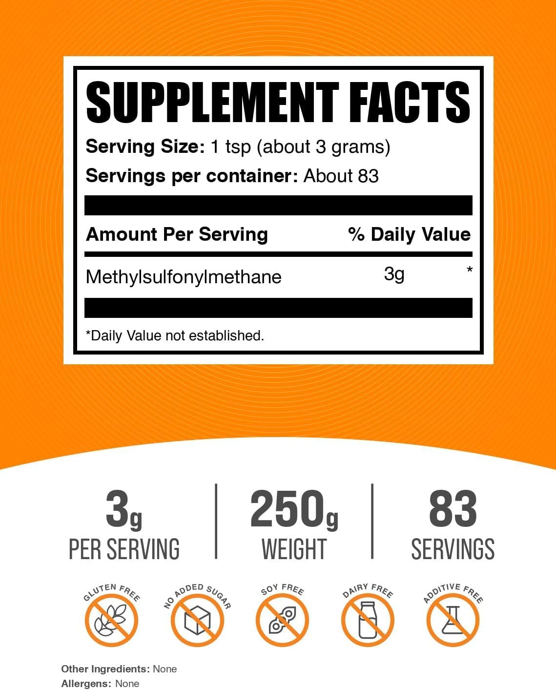 BulkSupplements.com MSM Powder - Methylsulfonylmethane, MSM Supplement, Nutritional Supplement - Gluten Free, 3g per Serving, 250g (8.8 oz) (Pack of 1)