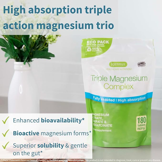 Igennus Superior Triple Magnesium Complex, Fully Reacted & Chelated Glycinate, Taurate & Citrate, Clean Label, High Bioavailability & Absorption, 180 Tablets, Vegan, Non-Buffered