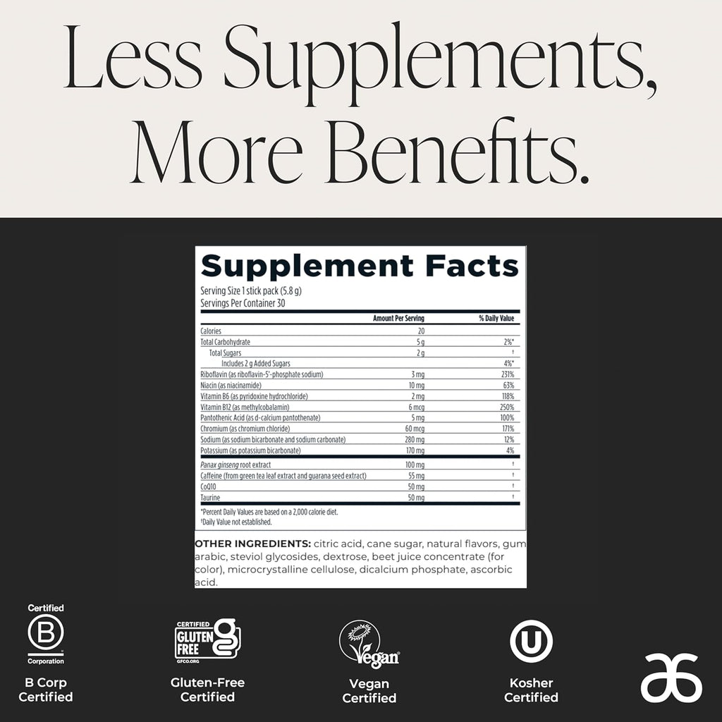 Arbonne Ginseng Energy Supplements - Blood Orange Flavor Fizz Sticks, Energy Boost with Caffeine Powder from Guarana and Green Tea, Delicious Alternative to Caffeine Pills