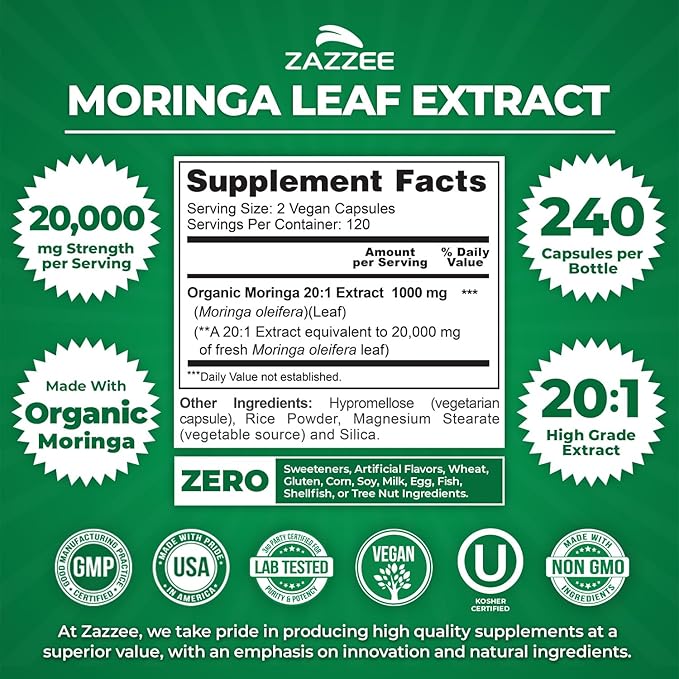 Zazzee Organic Moringa 20:1 Extract, 240 Vegan Capsules, 20,000 mg Strength, 100% Pure Oleifera Leaf Superfood, Concentrated and Standardized 20X Extract, All-Natural, Non-GMO, Made in The USA