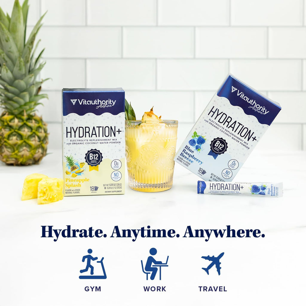 Hydration Electrolyte Powder Packets Blend Magnesium, Calcium, Sodium Potassium | Coconut Water + Vitamin C & B12 | Sugar-Free, Vegan, Non-GMO, Energy & Immune Support | 18 Servings Pineapple Flavored