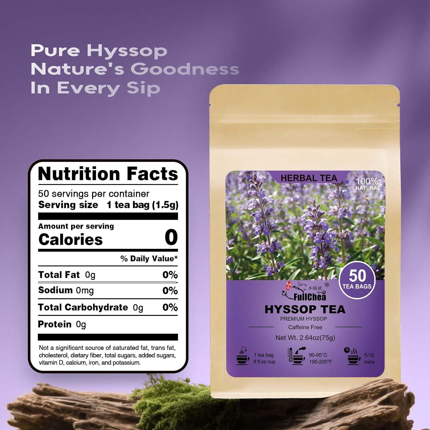 FullChea - Hyssop Tea Bags, 50 Count Caffeine-Free Herbal Tea Bags, Premium Hyssop, Support Digestion & Promote Relaxation