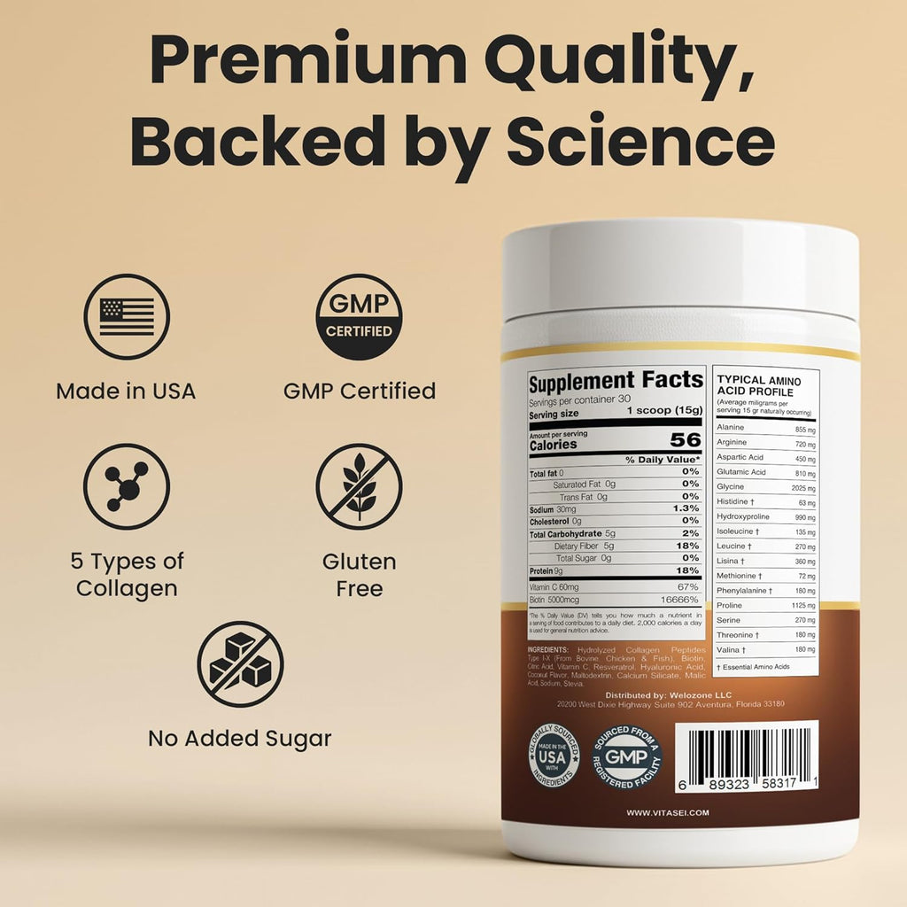 VITASEI Hydrolyzed Collagen Peptides Powder with Resveratrol & Vitamin C – Hair, Skin, Nails & Joint Support – Colágeno Hidrolizado for Women & Men – Delicious Chocolate Flavor, 16 oz (30 Servings)