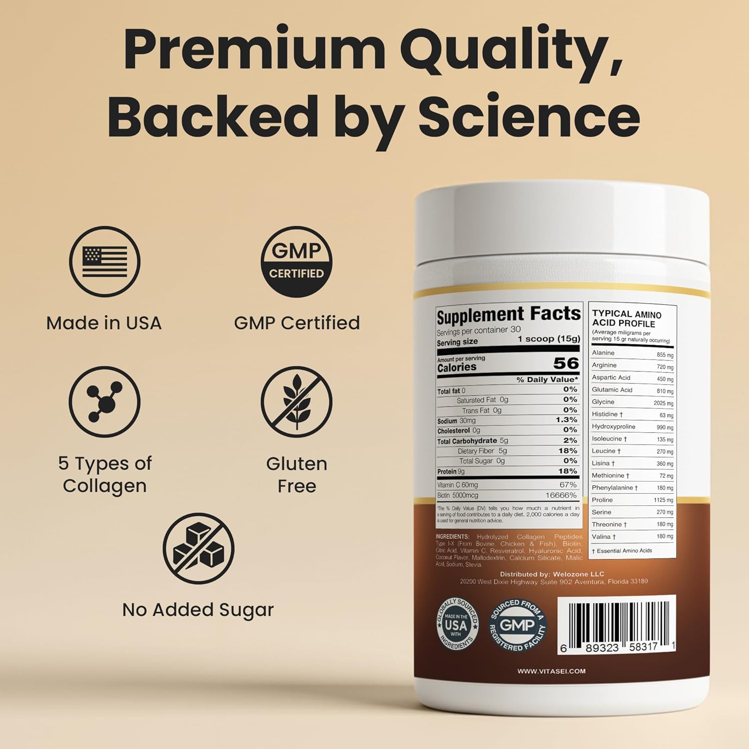 VITASEI Hydrolyzed Collagen Peptides Powder with Resveratrol & Vitamin C – Hair, Skin, Nails & Joint Support – Colágeno Hidrolizado for Women & Men – Delicious Chocolate Flavor, 16 oz (30 Servings)