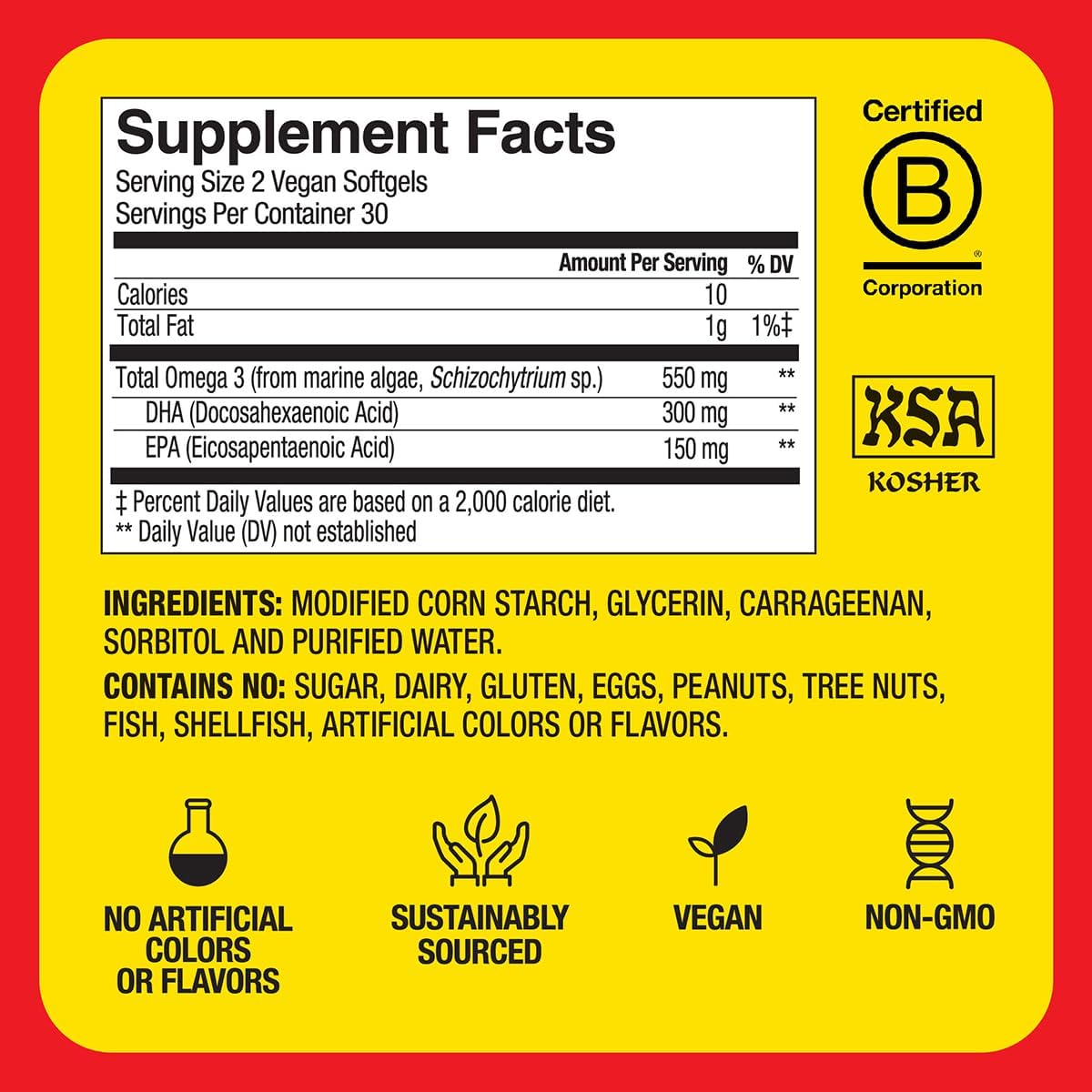 Bragg Omega-3 Supplement Capsules with DHA and EPA - 60 Vegan Softgels - Sustainably-Sourced Marine Algae - Supports Eye and Brain Health