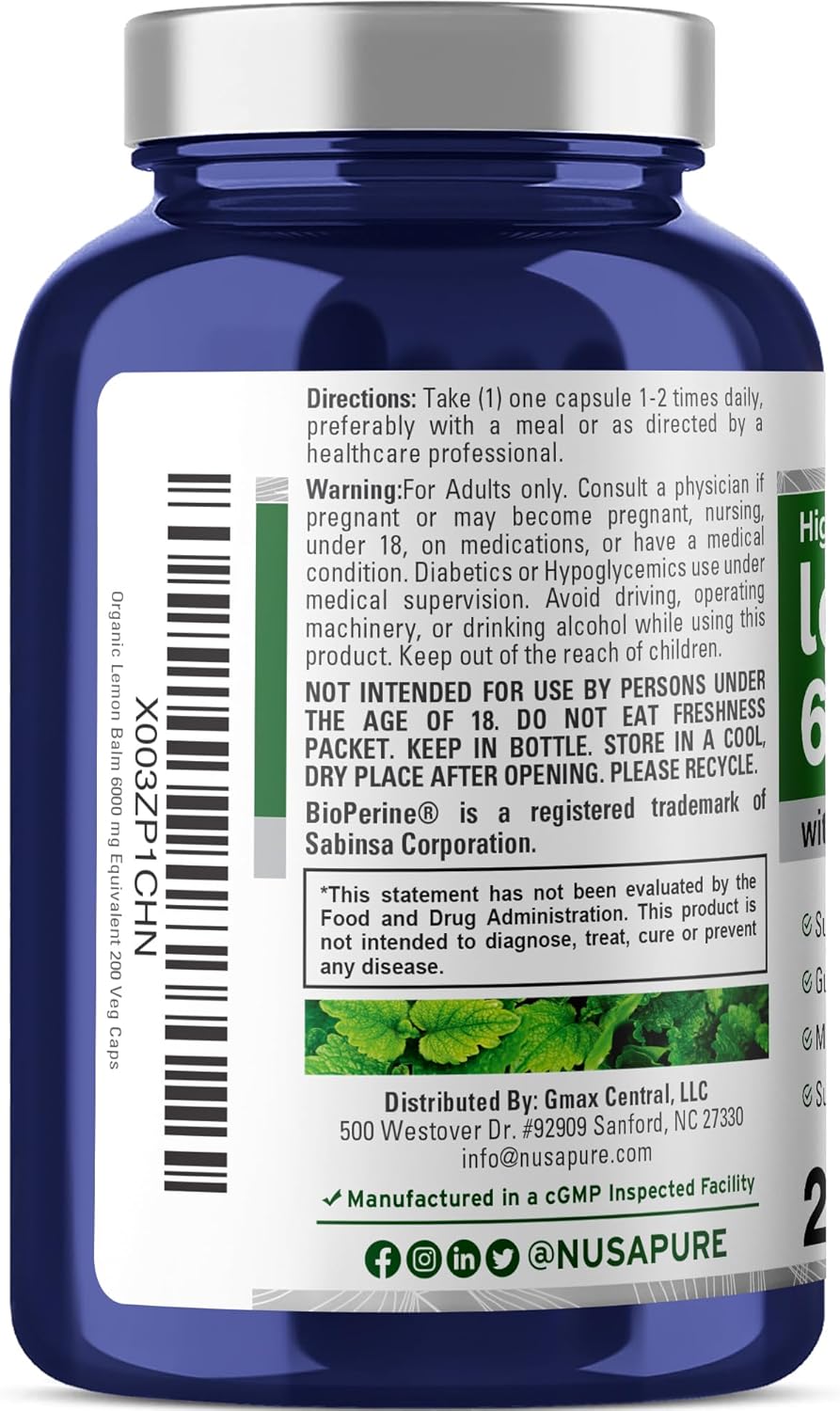 NusaPure Lemon Balm 30:1 Extract, 200 mg Equivalent to 6000mg Per Vegan Caps - 200 Count Non-GMO, Vegan Bioperine