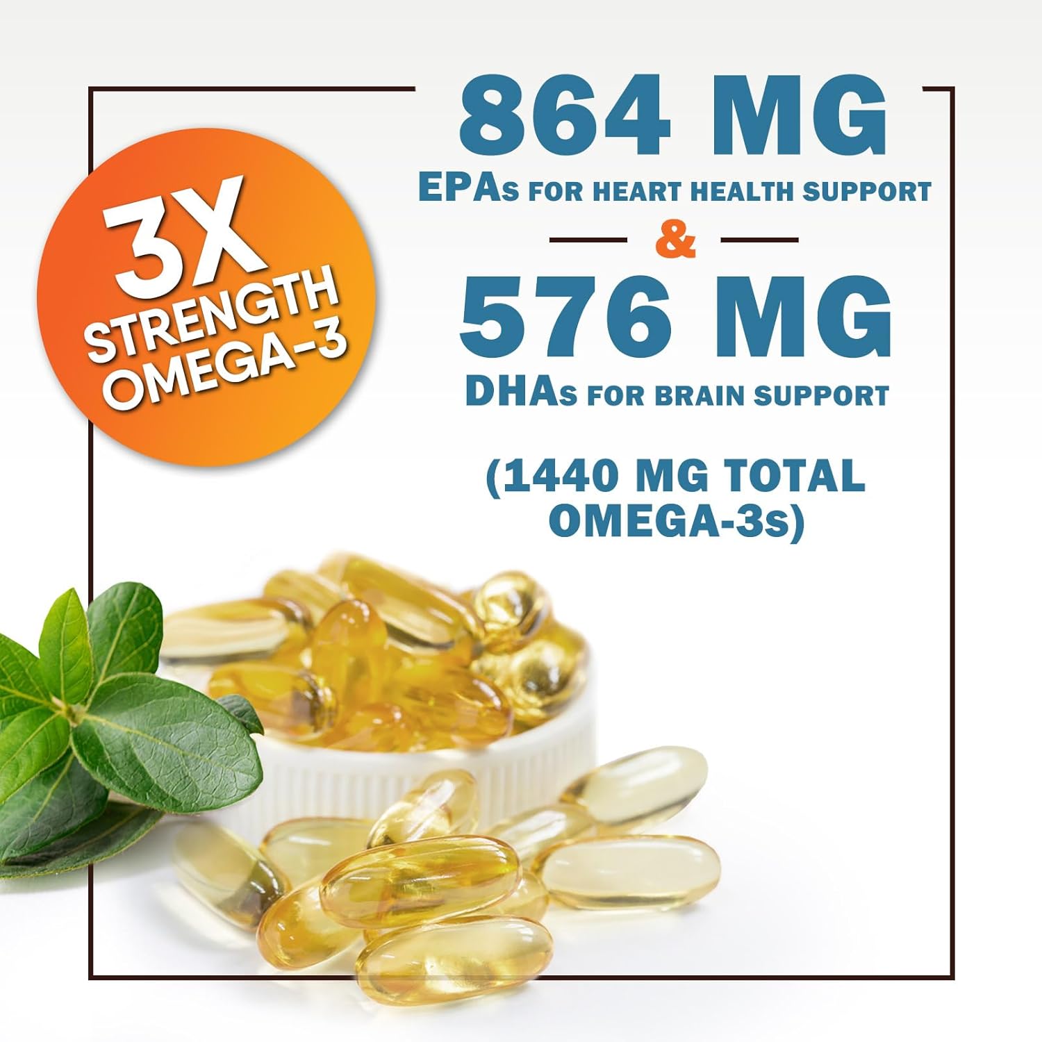 Omega 3 Fish Oil 2400 mg – Triple Strength EPA & DHA Fatty Acids for Heart, Brain & Joint Support – Wild-Caught, Burpless, Lemon Flavor Supplement – Natural, Non-GMO, Gluten-Free – 180 Softgels