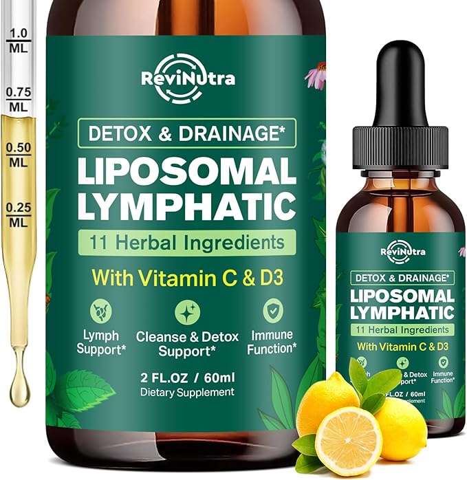 Liposomal Lymphatic Drainage Liquid Drops - Lymphatic Support Supplement with Dandelion Root, Cleavers, Echinacea, Calendula for Immune, Detox Cleanse, Lymph System Support, Lemon Flavor, 2 Fl Oz
