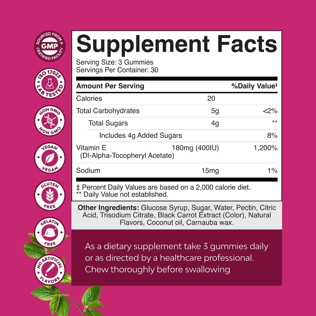 Natures Craft Vitamin E Gummies for Skin Care - High-Potency Vitamin E 400 IU Skin Supplement - Delicious & Easy-to-Take Supplement Promote Health Immune Support & Cellular Protection (3 Months)