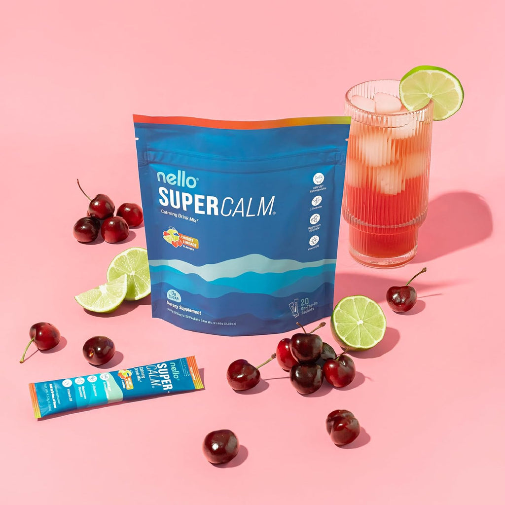 Supercalm Drink Mix - Ashwagandha KSM 66, Magnesium Glycinate & L-Theanine Supplement - Ashwagandha Root Extract - Focus and Relaxation Support (20 Travel Packets) - Cherry Limeade