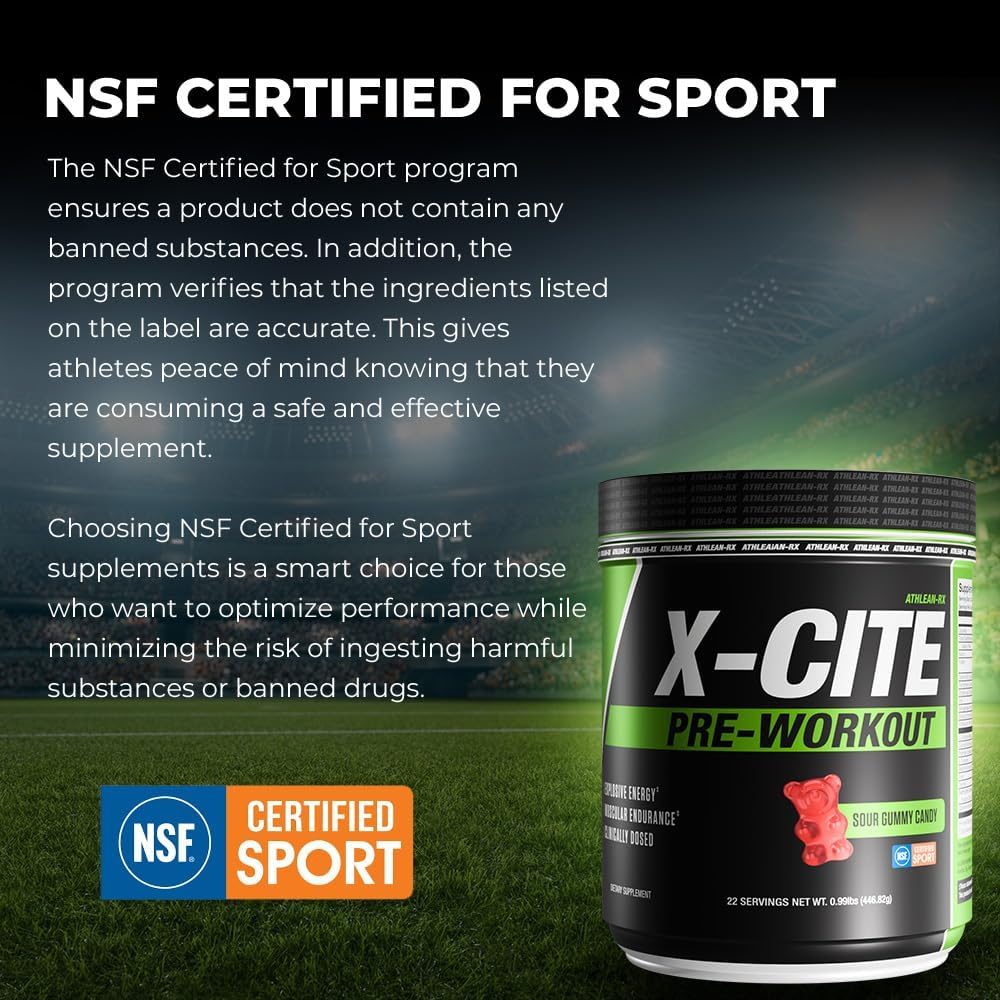 X-CITE Pre-Workout by ATHLEAN-X - Enhanced Formula with Beta-Alanine, Creatine & Caffeine for Ultimate Energy, Endurance, Focus & Muscle Pump, NSF Certified for Sports (22 Servings, Sour Gummy Bear)