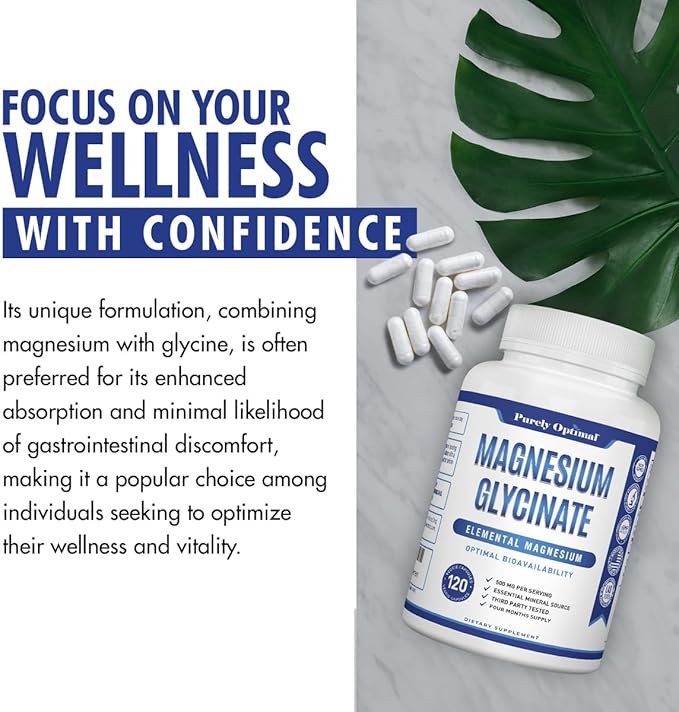 Purely Optimal Magnesium Glycinate 500mg – Sleep Support & Stress Relief – Gentle, High Absorption Magnesium Supplement for Muscle Relaxation, Calm & Nerve Support – 120 Capsules