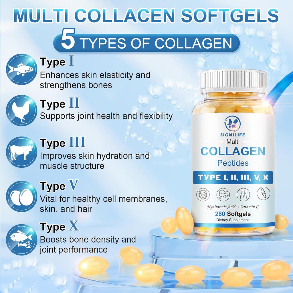 Multi Collagen Peptides for Women & Men, Hydrolyzed Collagen Peptides-Type I, II, III, V, X - with Hyaluronic Acid,Vitamin C,Biotin,Supports Skin Hair Nail, Non-GMO,560 Softgels