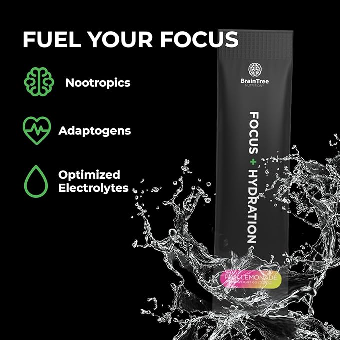 BrainTree Nutrition - Focus + Hydration - Electrolyte Drink Mix - Total Body Hydration - Supports Cognitive Function, Energy & Muscle Recovery - Sugar Free - Pink Lemonade - 30 Stick Packs