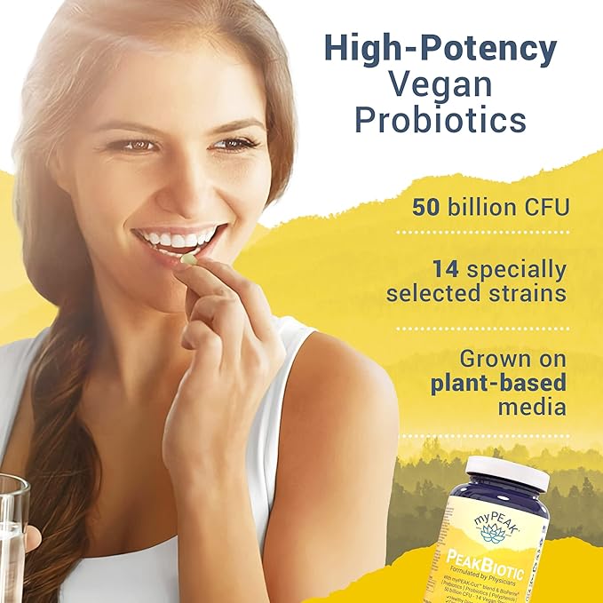 myPEAK PeakBiotic: The Ultimate Vegan Synbiotic with 50 Billion CFU Probiotics Prebiotics Postbiotics Modbiotics and Gut Lining to Enhance Digestion, Skin, and Mood with 2-Month Supply, 60 Capsules