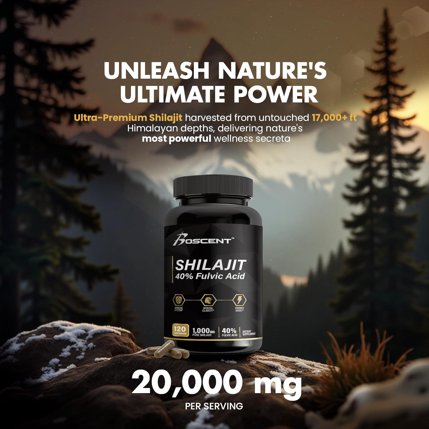 Shilajit Capsules 20,000mg – Pure Himalayan Shilajit for Men & Women – Organic Fulvic Acid Supplement with 85+ Trace Minerals – High Potency Natural Energy & Vitality Support – 120 Vegan Capsules