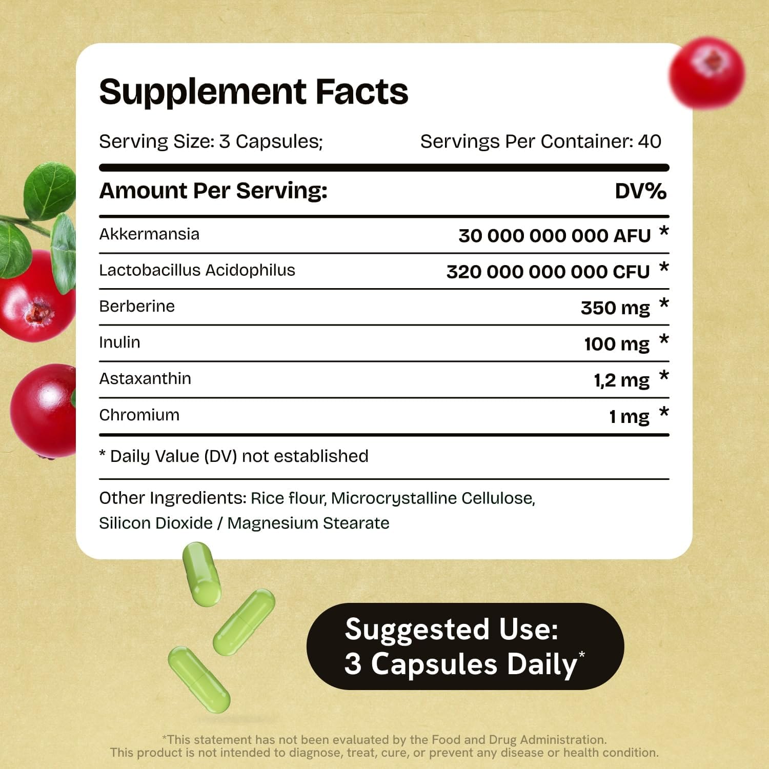 Akkermansia Muciniphila Probiotics 320 Billion CFU| Probiotic and Prebiotic | Akkermansia Probiotics for gut health | Inulin Prebiotic Fiber Capsules Astaxanthin & Berberine & Chromium 480 count