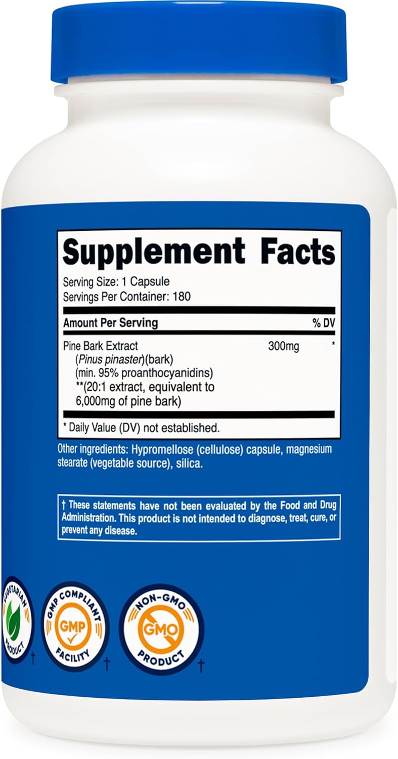 Nutricost Pine Bark Extract 6000mg Equivalent (from 300mg of 20:1 Extract), 180 Capsules, Standardized to Contain 95% Proanthocyanidins - Vegetarian, Non-GMO and Gluten Free