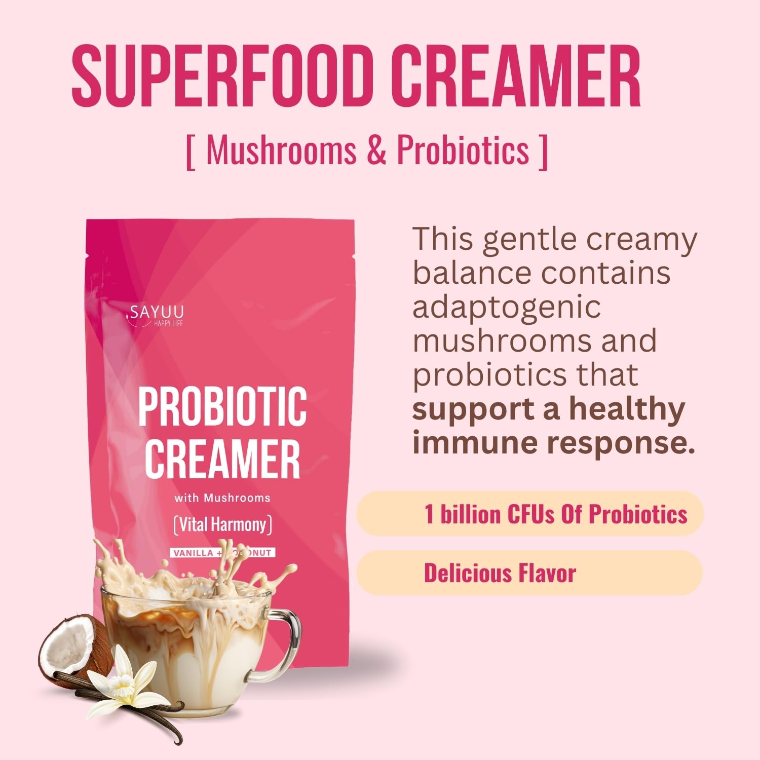 SAYUU Functional Probiotic Creamer With Mushrooms – Enriched With Powerful Adaptogenic Mushrooms Like Lion's Mane, Reishi, And Cordyceps For Energy, Focus, And Stress Relief (30 Servings)