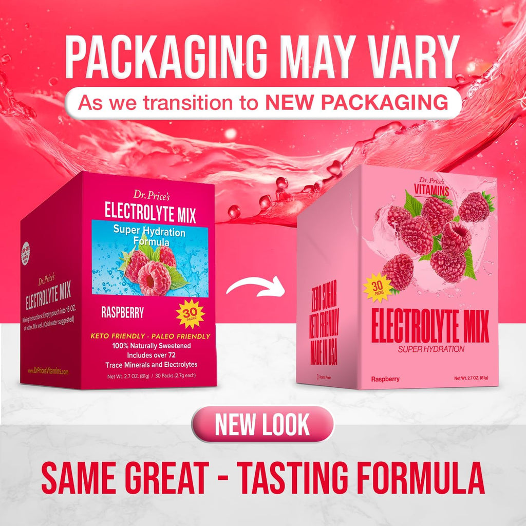 Dr. Price’s Electrolyte Mix | Sugar-Free Hydration Powder with 72+ Trace Minerals | No Sugar, Fast-Dissolving Electrolytes Powder Packets | Raspberry (30 Packs)