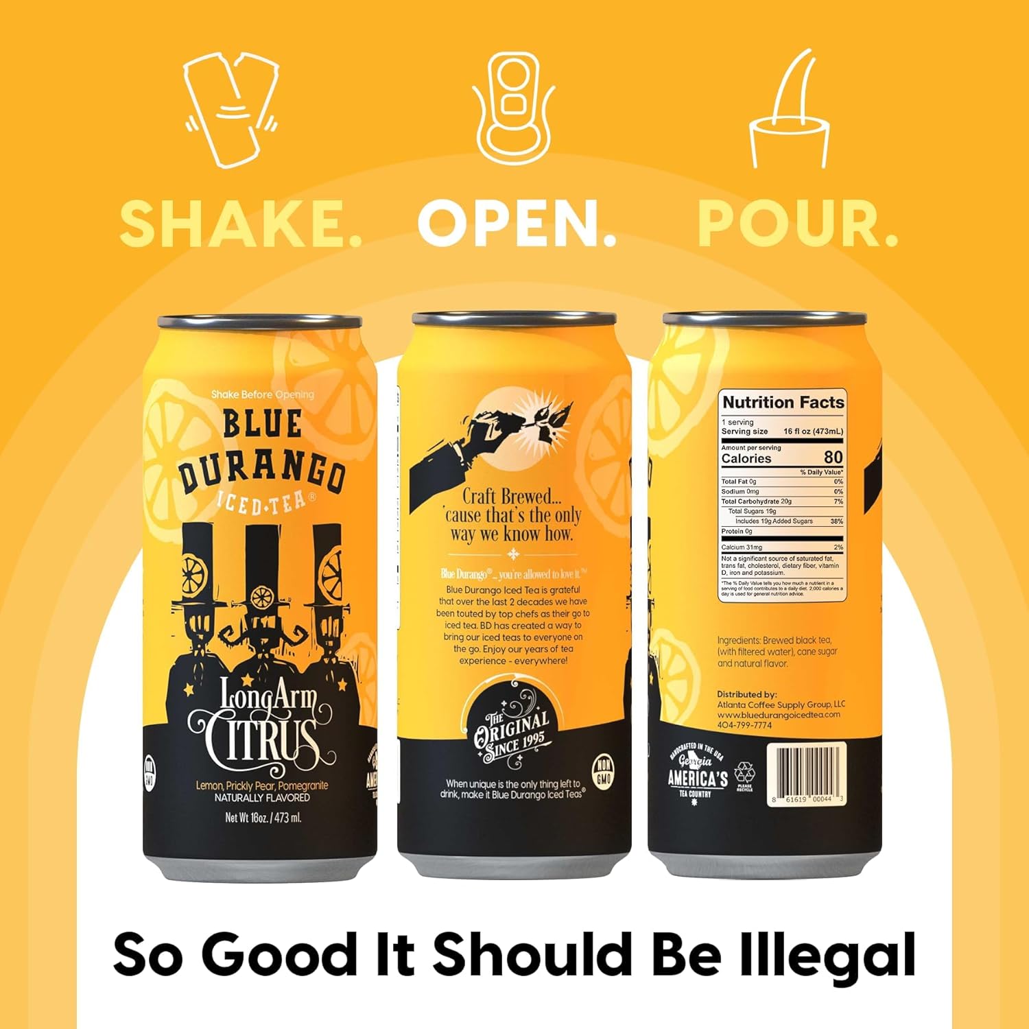 Blue Durango Iced Tea - Long Arm Citrus - Black Tea, Lemon, Prickly Pear, Pomegranate - Low Sugar, Non-GMO, No Artificial Sweeteners, Gluten-Free - All Natural Ingredients - 16 oz Cans (12 Pack)